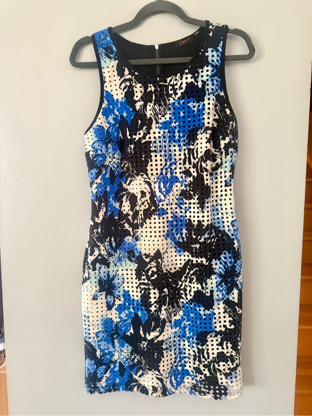 DEX Blue Floral Laser-Cut Perforated Bodycon Sheath Dress Size Small